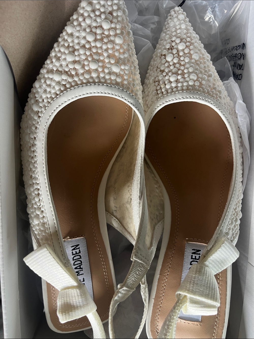 Steve Madden Pearl-Embellished Ivory Pointed Slingback Flats
